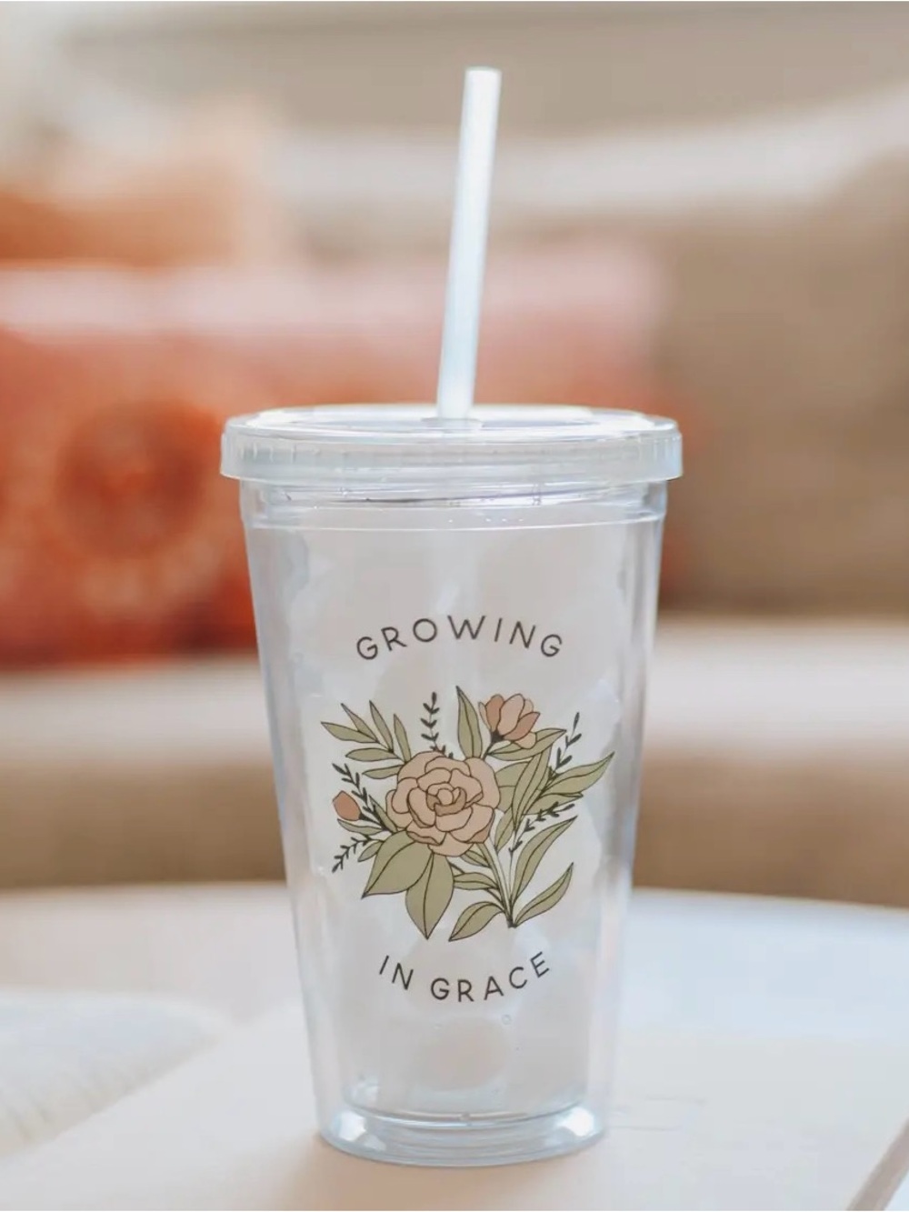 Clear Floral 'Growing in Grace' Tumbler with Straw - White